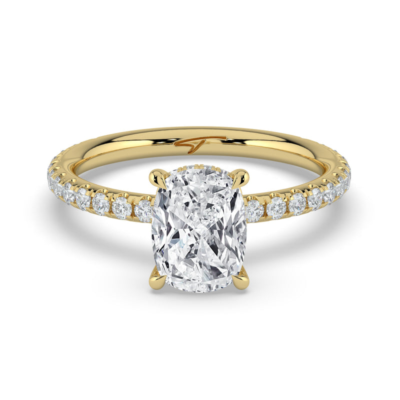 The Phoenix Ring — Elongated Cushion Solitaire with Hidden Halo & Pavé Band Lab-Grown Diamond Engagement Ring in Yellow Gold | The Jewel Concierge