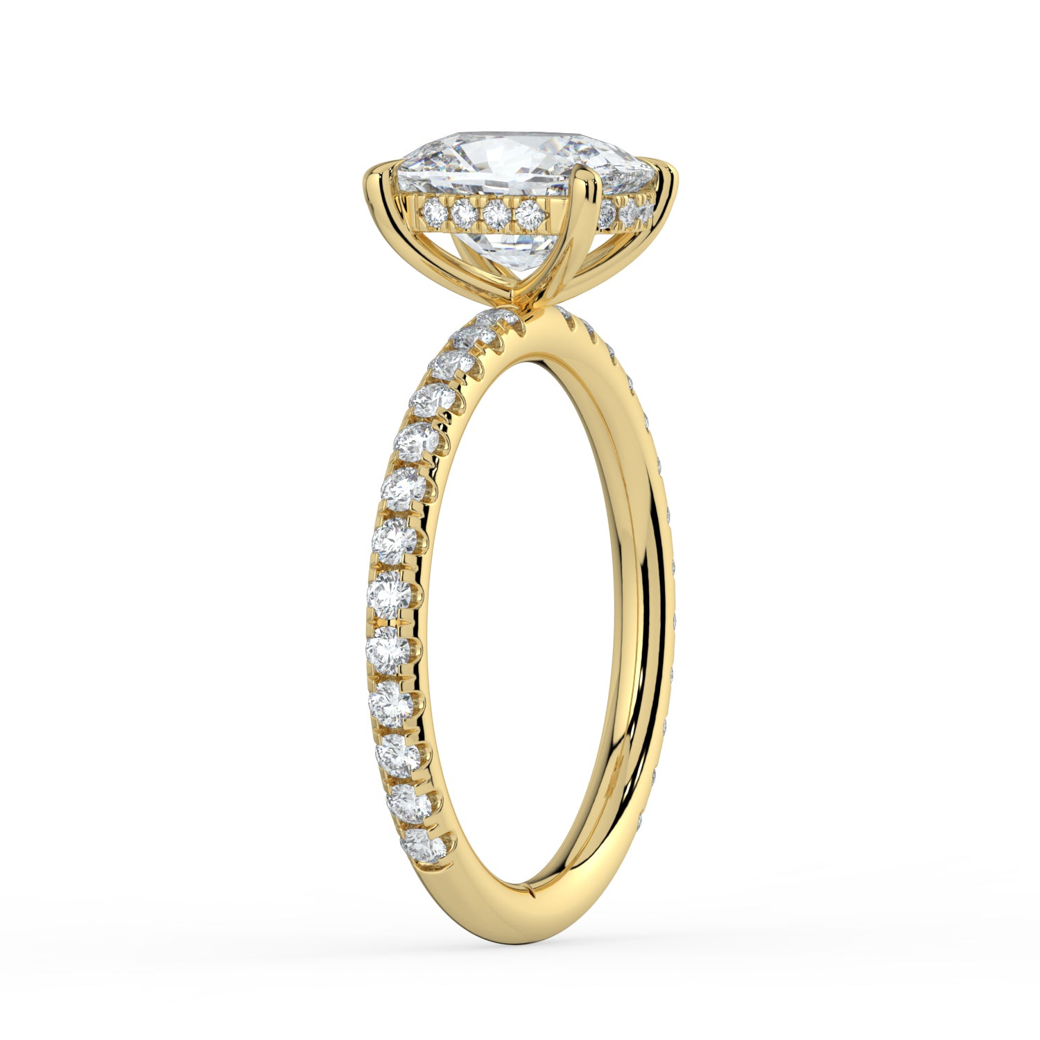The Phoenix Ring — Elongated Cushion Solitaire with Hidden Halo & Pavé Band Lab-Grown Diamond Engagement Ring in Yellow Gold | The Jewel Concierge