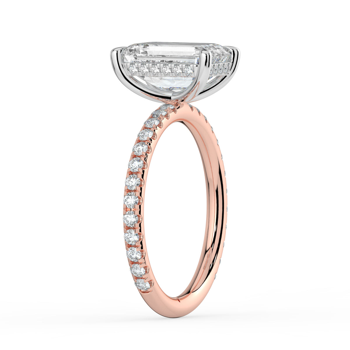 The Phoenix Ring — Emerald Solitaire with Hidden Halo & Pavé Band Lab-Grown Diamond Engagement Ring in Two-Tone Rose and White Gold | The Jewel Concierge