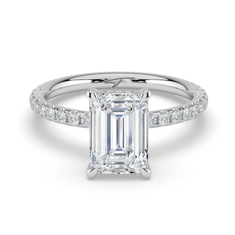 The Phoenix Ring - 3.05 ct.Emerald Solitaire with Hidden Halo & Pavé Band