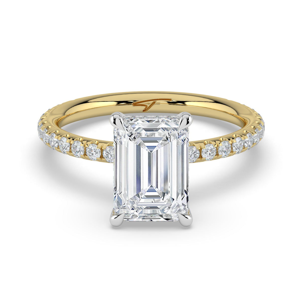 The Phoenix Ring — Emerald Solitaire with Hidden Halo & Pavé Band Lab-Grown Diamond Engagement Ring in Two-Tone Yellow and White Gold | The Jewel Concierge