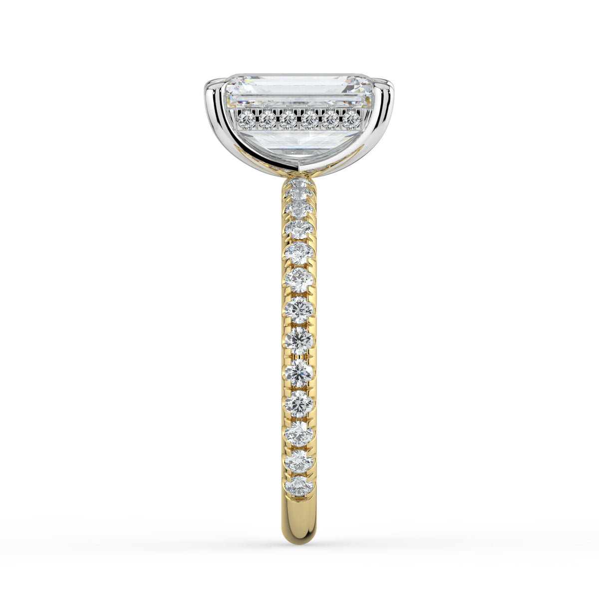 The Phoenix Ring — Emerald Solitaire with Hidden Halo & Pavé Band Lab-Grown Diamond Engagement Ring in Two-Tone Yellow and White Gold | The Jewel Concierge