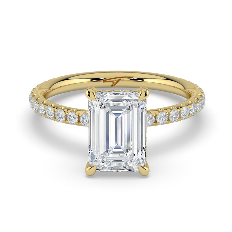 The Phoenix Ring — Emerald Solitaire with Hidden Halo & Pavé Band Lab-Grown Diamond Engagement Ring in Yellow Gold | The Jewel Concierge