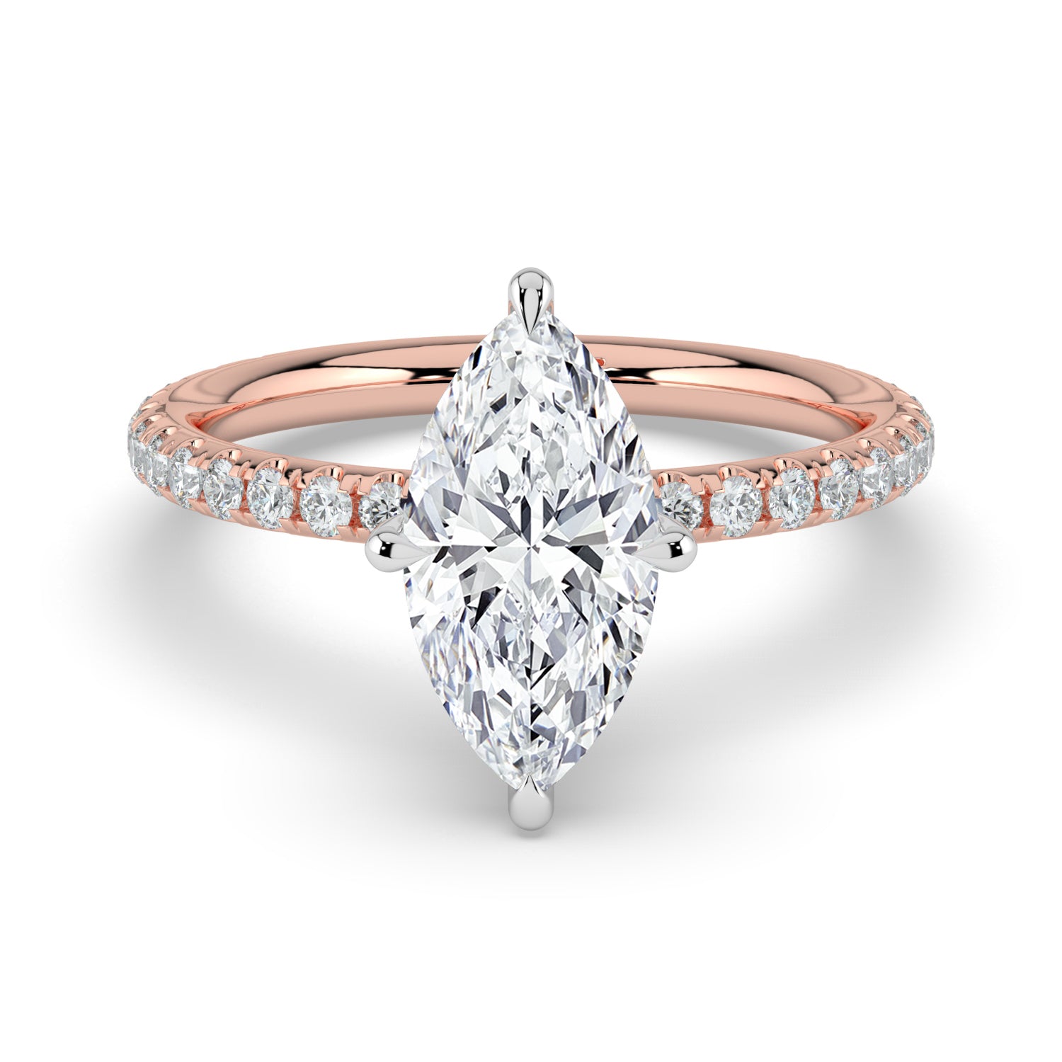 The Phoenix Ring — Marquise Solitaire with Hidden Halo & Pavé Band Lab-Grown Diamond Engagement Ring in Two-Tone Rose and White Gold | The Jewel Concierge
