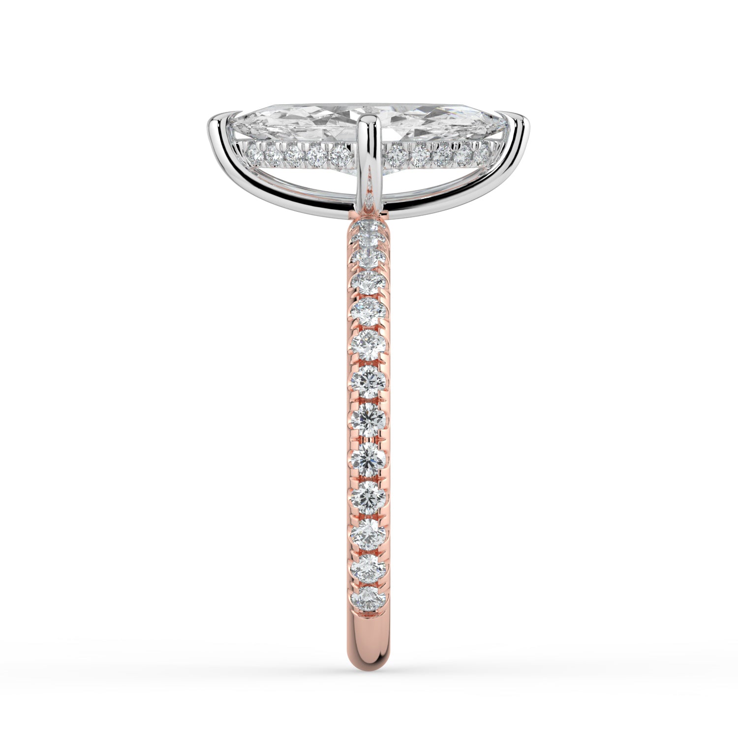 The Phoenix Ring — Marquise Solitaire with Hidden Halo & Pavé Band Lab-Grown Diamond Engagement Ring in Two-Tone Rose and White Gold | The Jewel Concierge