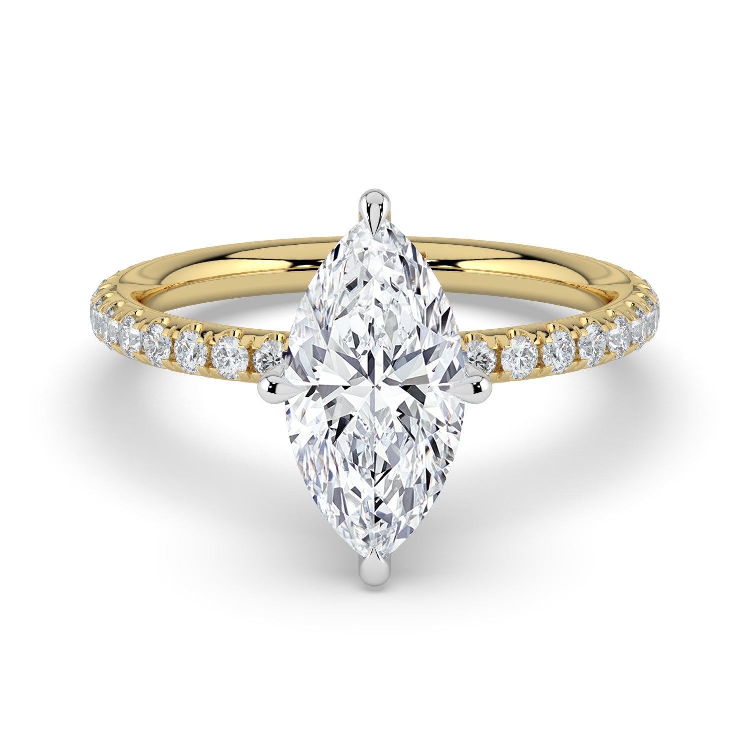 The Phoenix Ring — Marquise Solitaire with Hidden Halo & Pavé Band Lab-Grown Diamond Engagement Ring in Two-Tone Yellow and White Gold | The Jewel Concierge