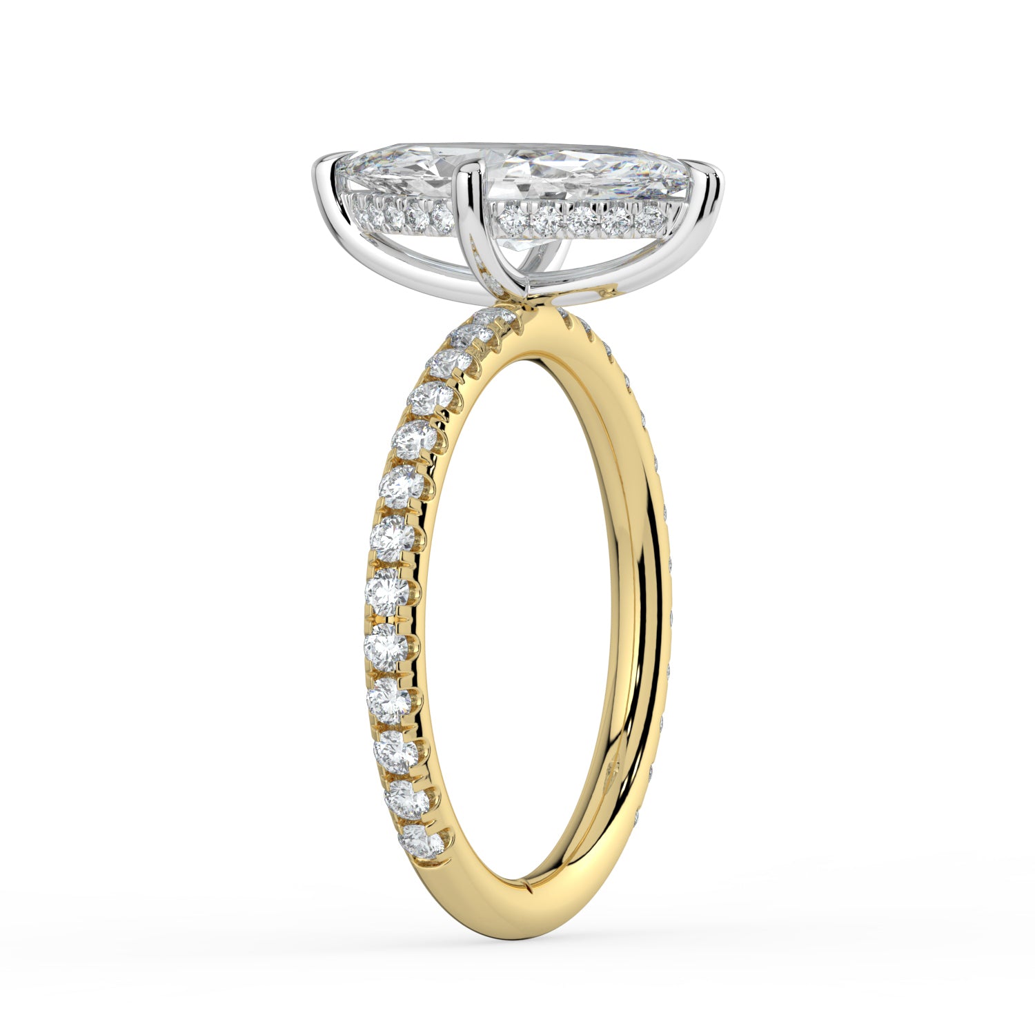 The Phoenix Ring — Marquise Solitaire with Hidden Halo & Pavé Band Lab-Grown Diamond Engagement Ring in Two-Tone Yellow and White Gold | The Jewel Concierge