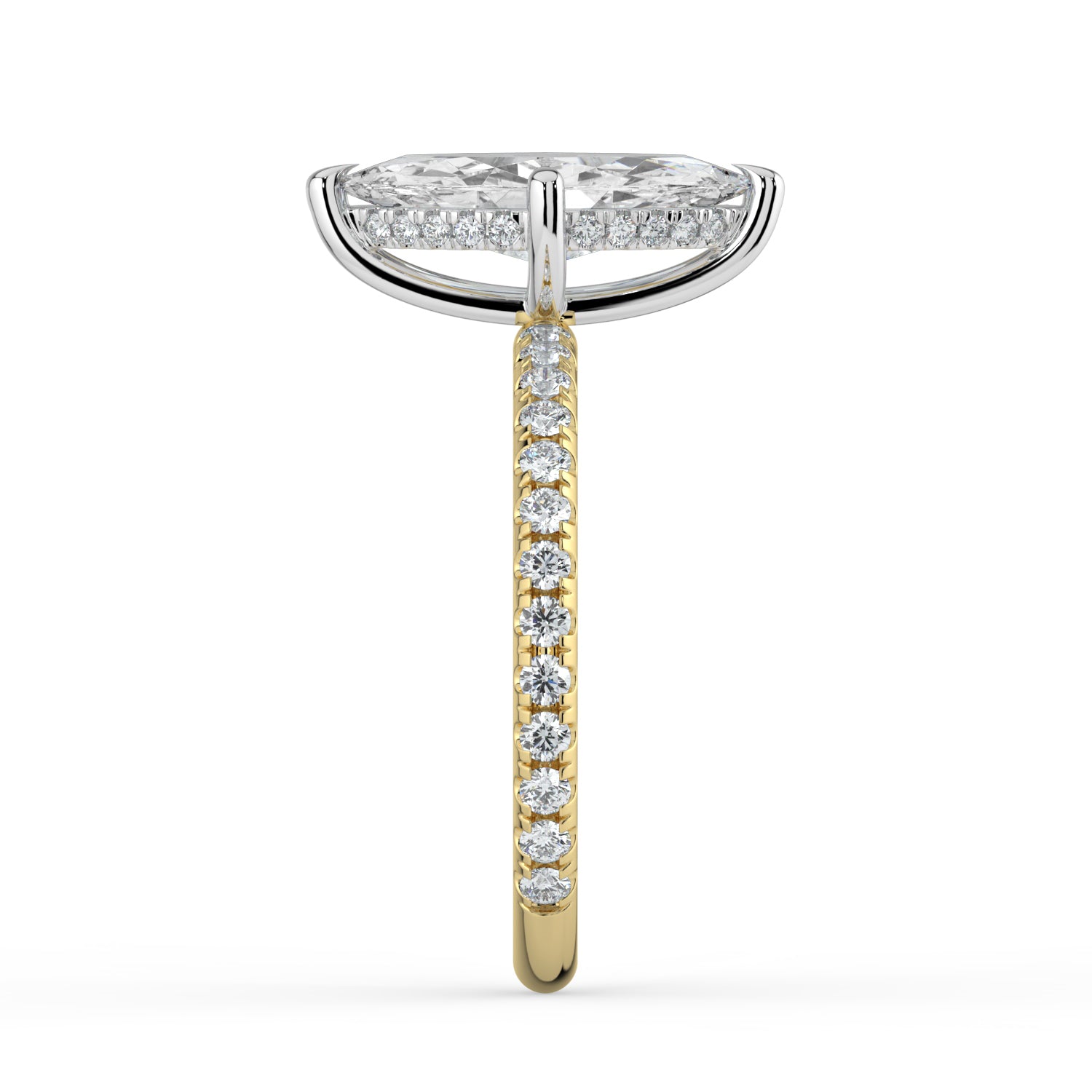 The Phoenix Ring — Marquise Solitaire with Hidden Halo & Pavé Band Lab-Grown Diamond Engagement Ring in Two-Tone Yellow and White Gold | The Jewel Concierge