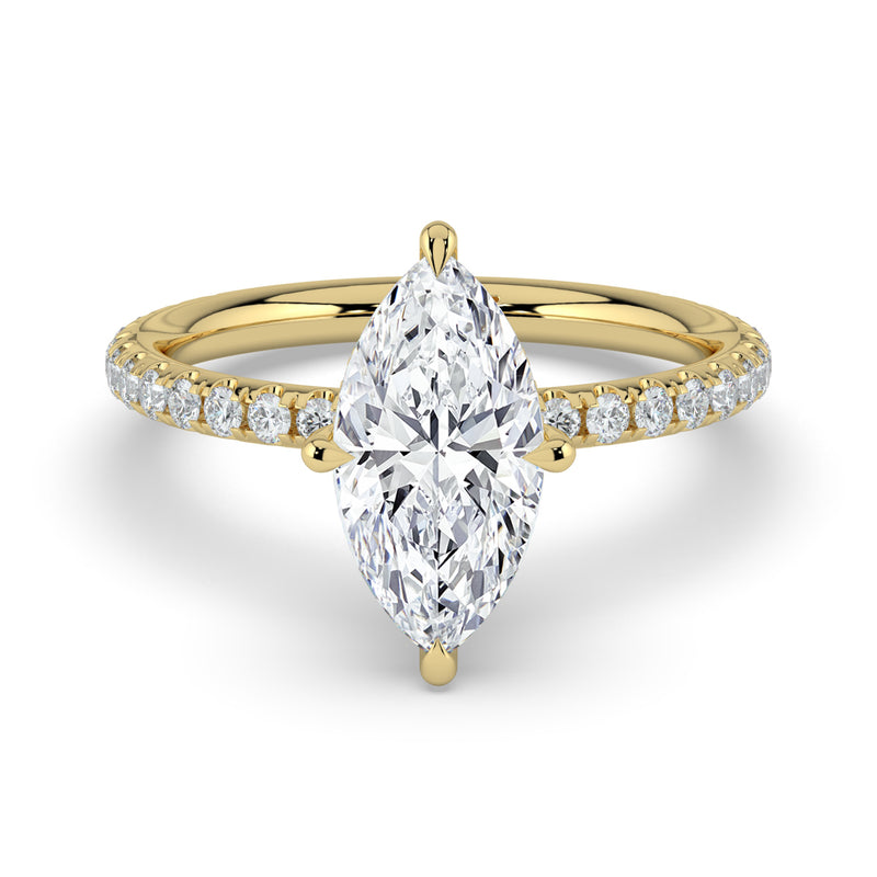 The Phoenix Ring — Marquise Solitaire with Hidden Halo & Pavé Band Lab-Grown Diamond Engagement Ring in Yellow Gold | The Jewel Concierge