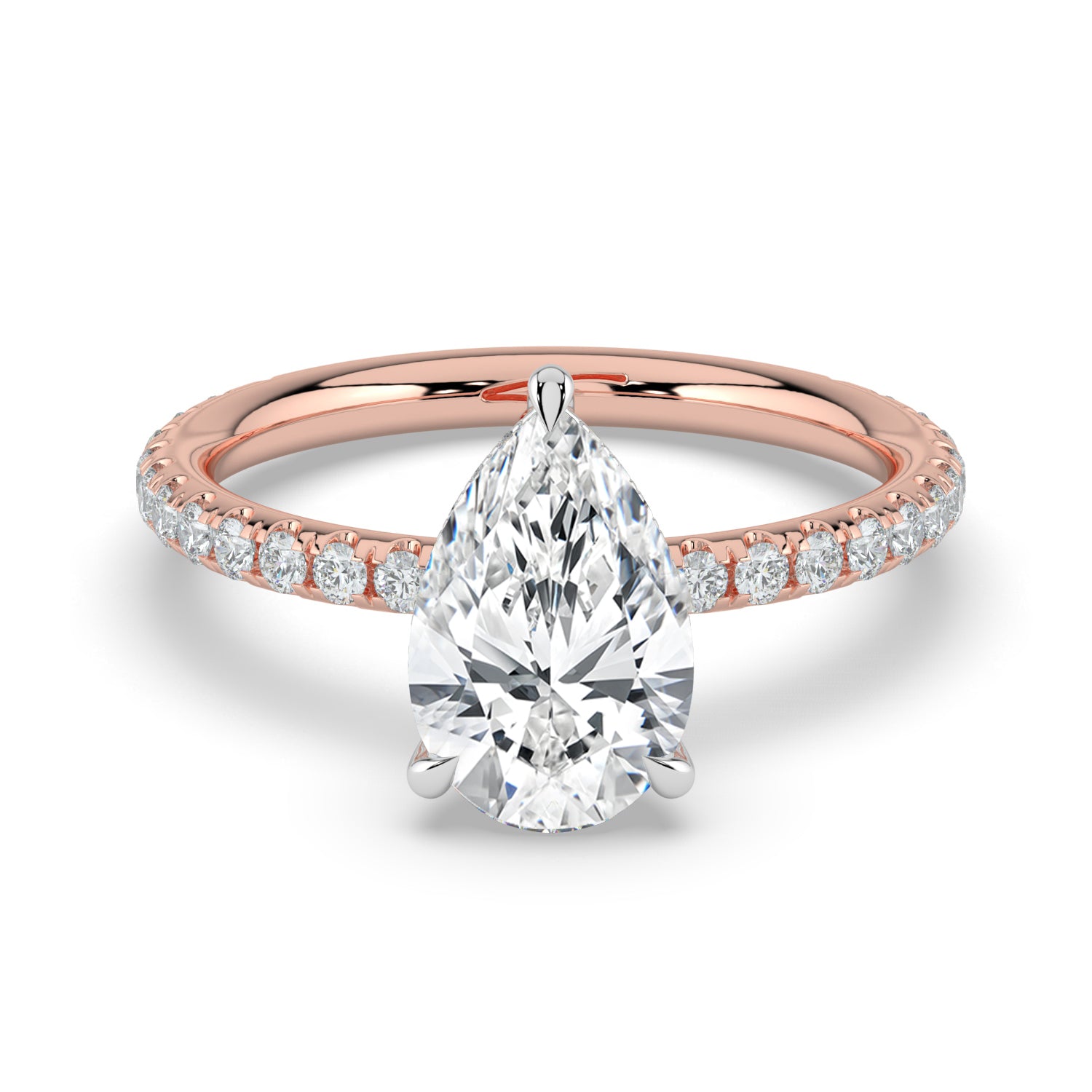 The Phoenix Ring — Pear Solitaire with Hidden Halo & Pavé Band Lab-Grown Diamond Engagement Ring in Two-Tone Rose and White Gold | The Jewel Concierge