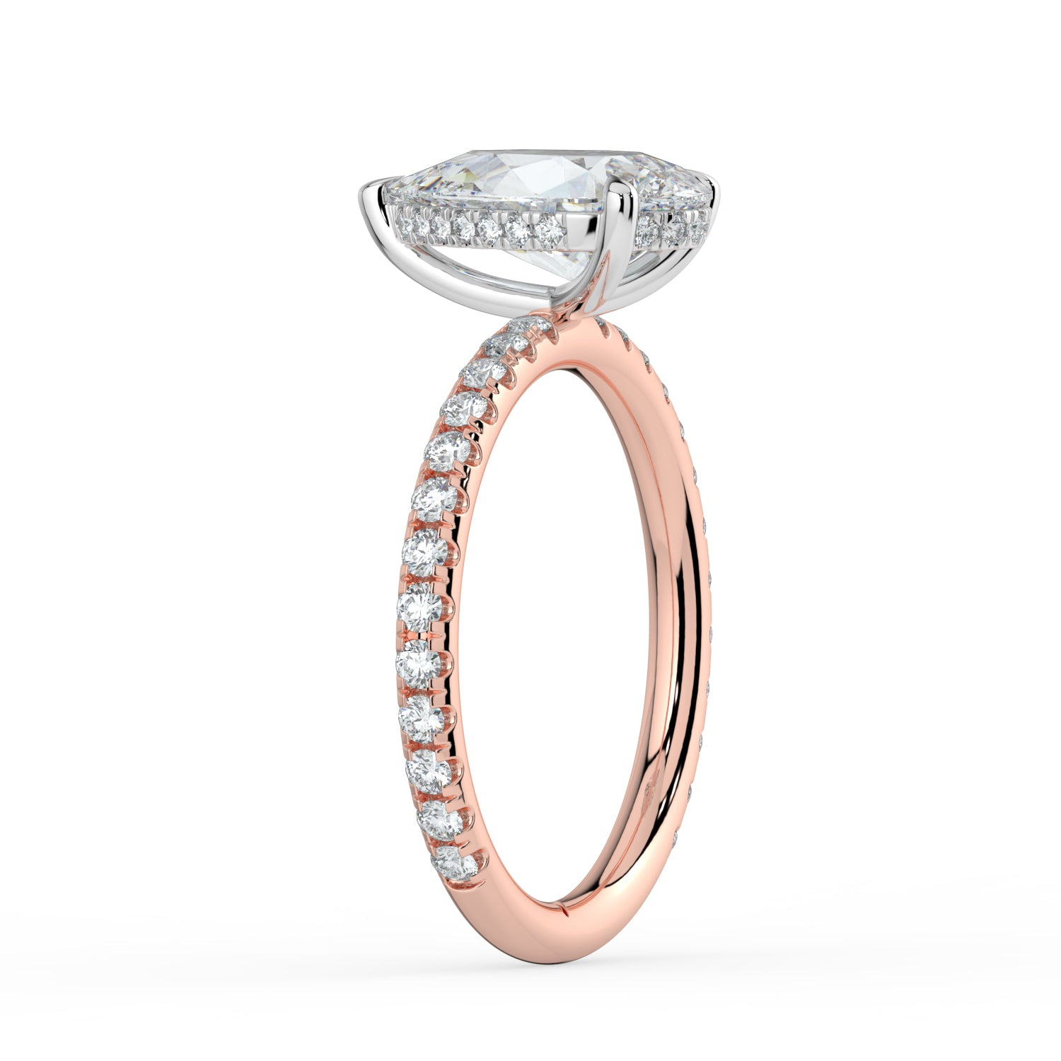 The Phoenix Ring — Pear Solitaire with Hidden Halo & Pavé Band Lab-Grown Diamond Engagement Ring in Two-Tone Rose and White Gold | The Jewel Concierge