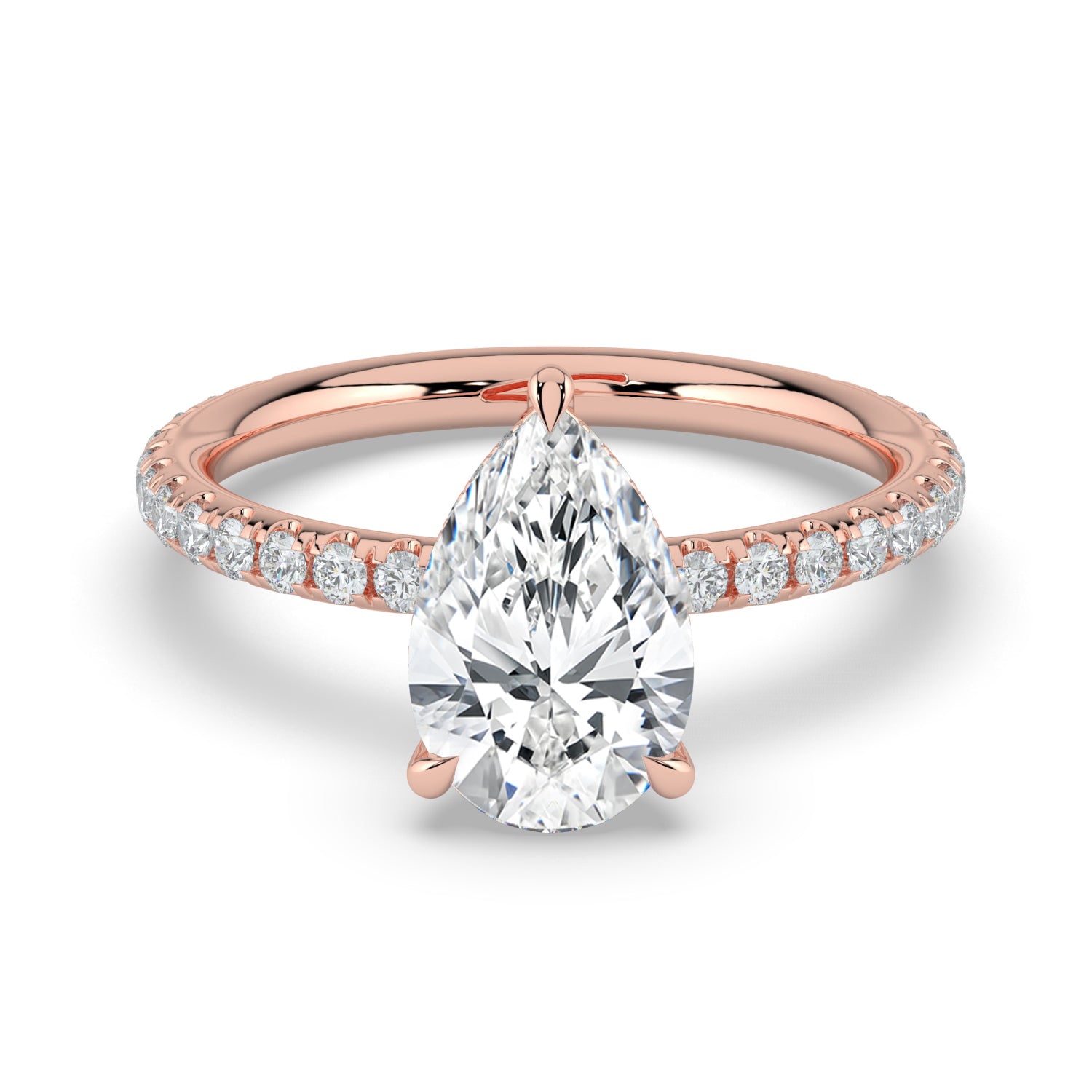 The Phoenix Ring — Pear Solitaire with Hidden Halo & Pavé Band Lab-Grown Diamond Engagement Ring in Rose Gold | The Jewel Concierge