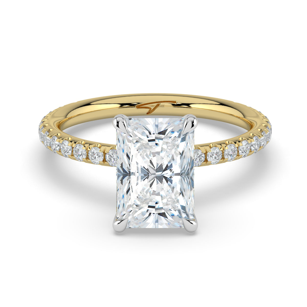The Phoenix Ring — Radiant Solitaire with Hidden Halo & Pavé Band Lab-Grown Diamond Engagement Ring in Two-Tone Yellow and White Gold | The Jewel Concierge