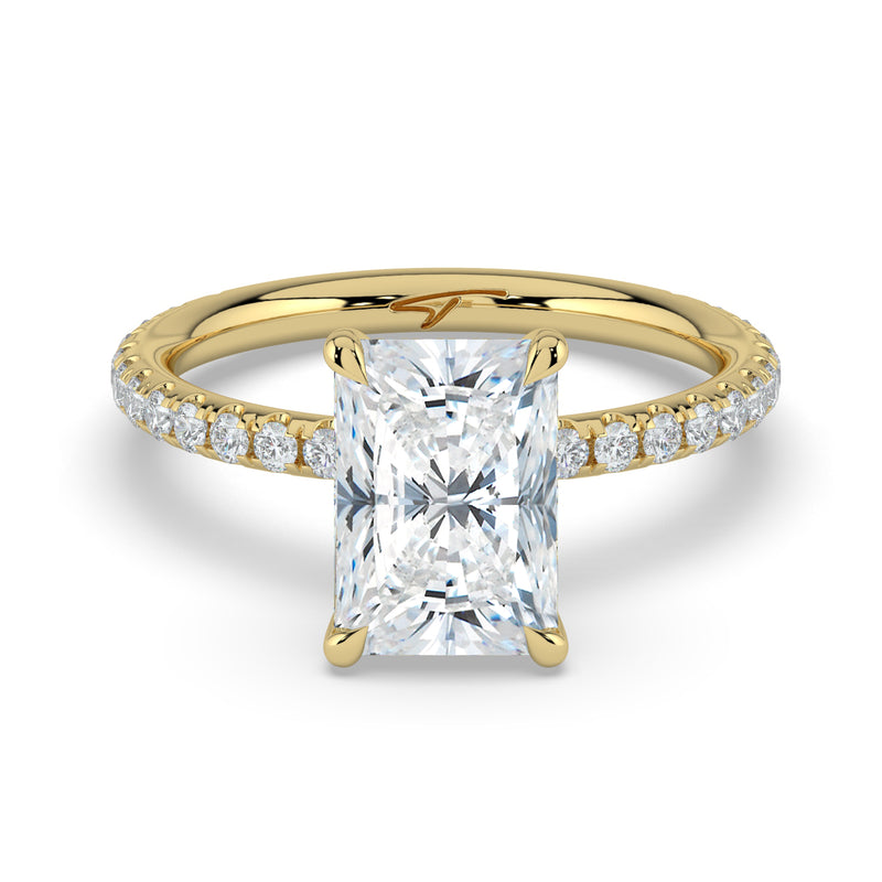 The Phoenix Ring – Radiant Solitaire with Hidden Halo & Pavé Band in 14K Yellow Gold – The Jewel Concierge