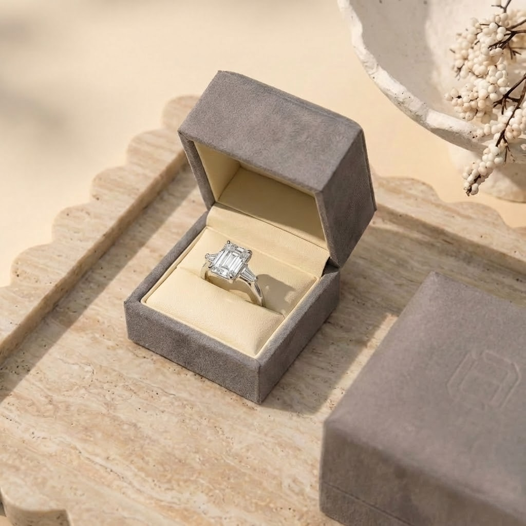 Emerald Trilogy with Baguettes side stones, sitting elegantly inside The Jewel Concierge Signature Ring Box on a travertine stone tray - The Jewel Concierge