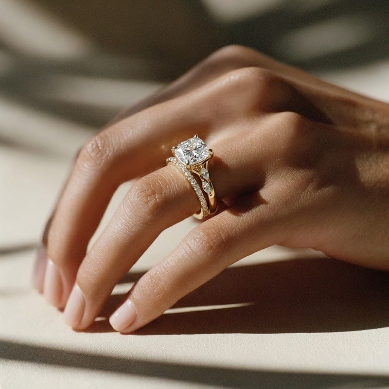 The Madeline Ring – Cushion with Twisted Accent Band in 14K White Gold – The Jewel Concierge