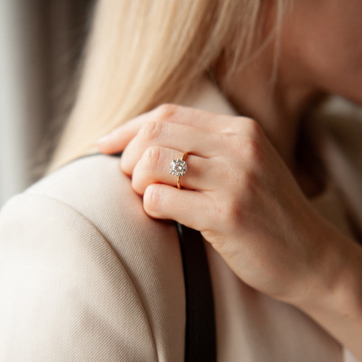 A close-up lifestyle shot of a woman resting her hand on her shoulder, showcasing a round cut lab-grown diamond engagement in 18k rose gold - The Jewel Concierge