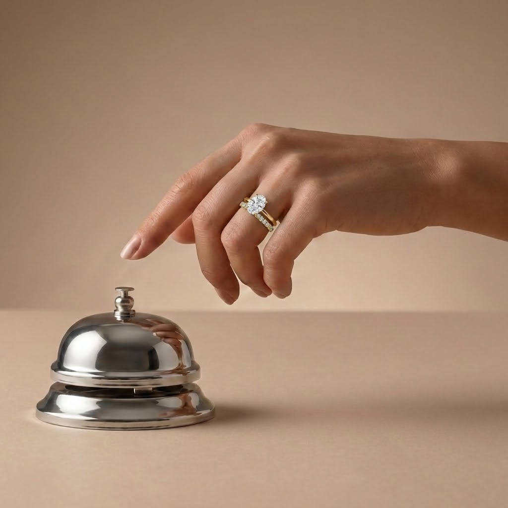 Hand wearing an oval cut lab grown diamond engagement ring and a pave set wedding band elegantly pressing a bell on a beige backdrop | The Jewel Concierge