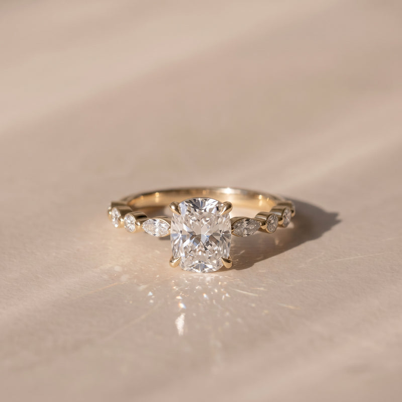 The Vega Ring — Cushion with Marquise & Round Accents Lab-Grown Diamond Engagement Ring in Yellow Gold | The Jewel Concierge