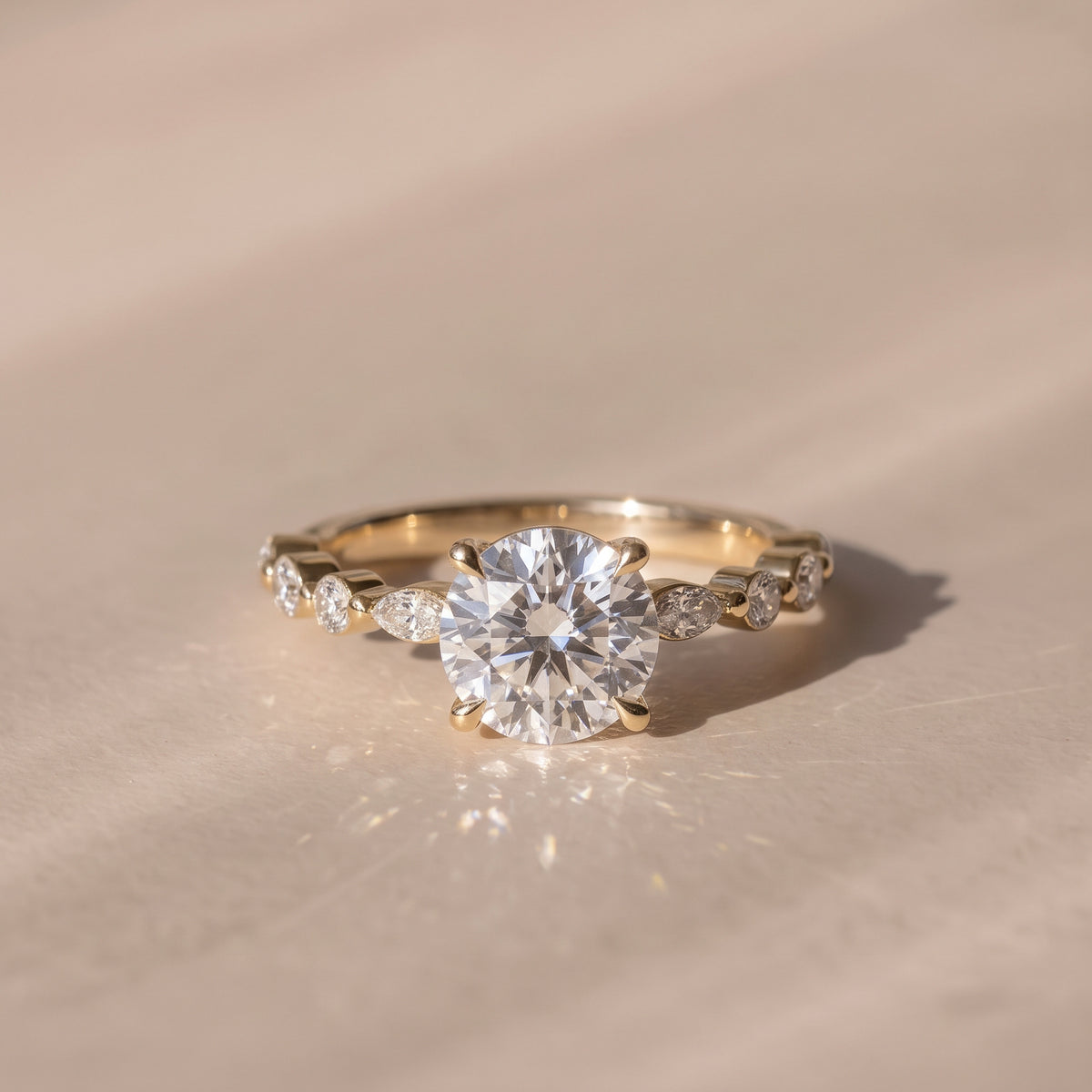 The Vega Ring — Round with Marquise & Round Accents Lab-Grown Diamond Engagement Ring in Yellow Gold | The Jewel Concierge