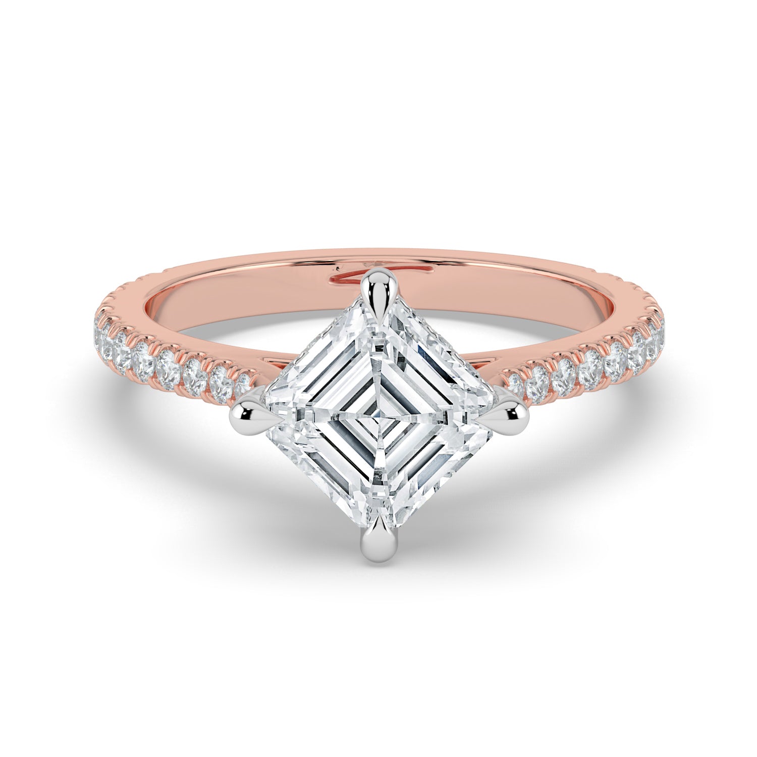 The Zariya Ring — Asscher Cathedral Solitaire with Hidden Halo & Pavé Band Lab-Grown Diamond Engagement Ring in Two-Tone Rose and White Gold | The Jewel Concierge