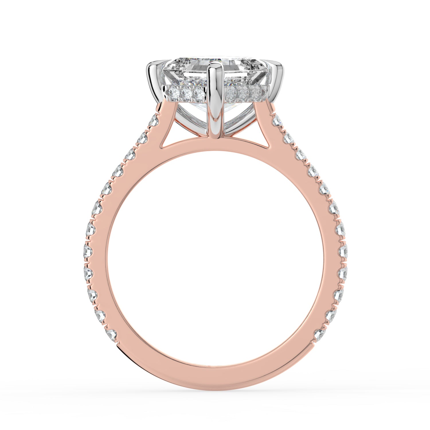 The Zariya Ring — Asscher Cathedral Solitaire with Hidden Halo & Pavé Band Lab-Grown Diamond Engagement Ring in Two-Tone Rose and White Gold | The Jewel Concierge