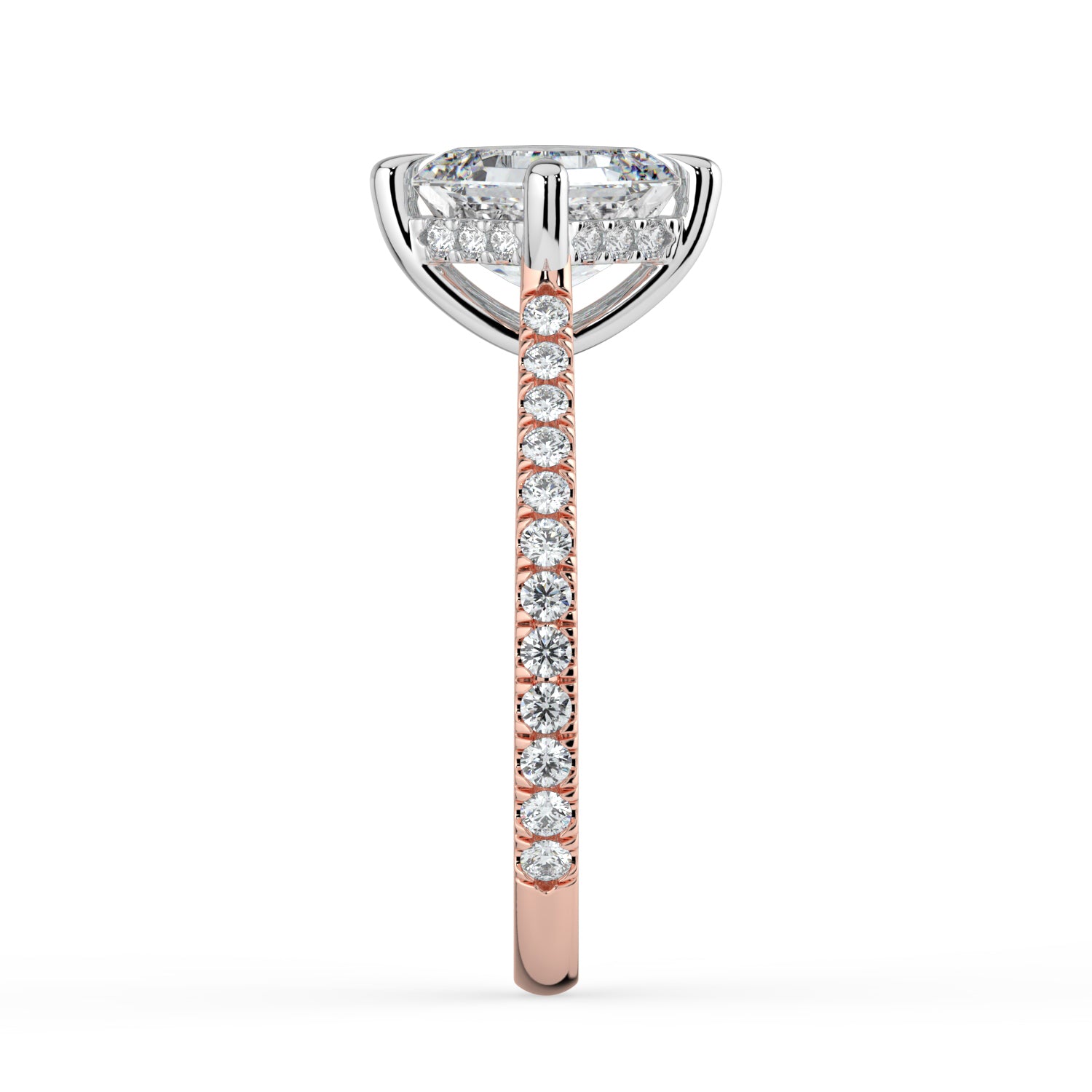 The Zariya Ring — Asscher Cathedral Solitaire with Hidden Halo & Pavé Band Lab-Grown Diamond Engagement Ring in Two-Tone Rose and White Gold | The Jewel Concierge