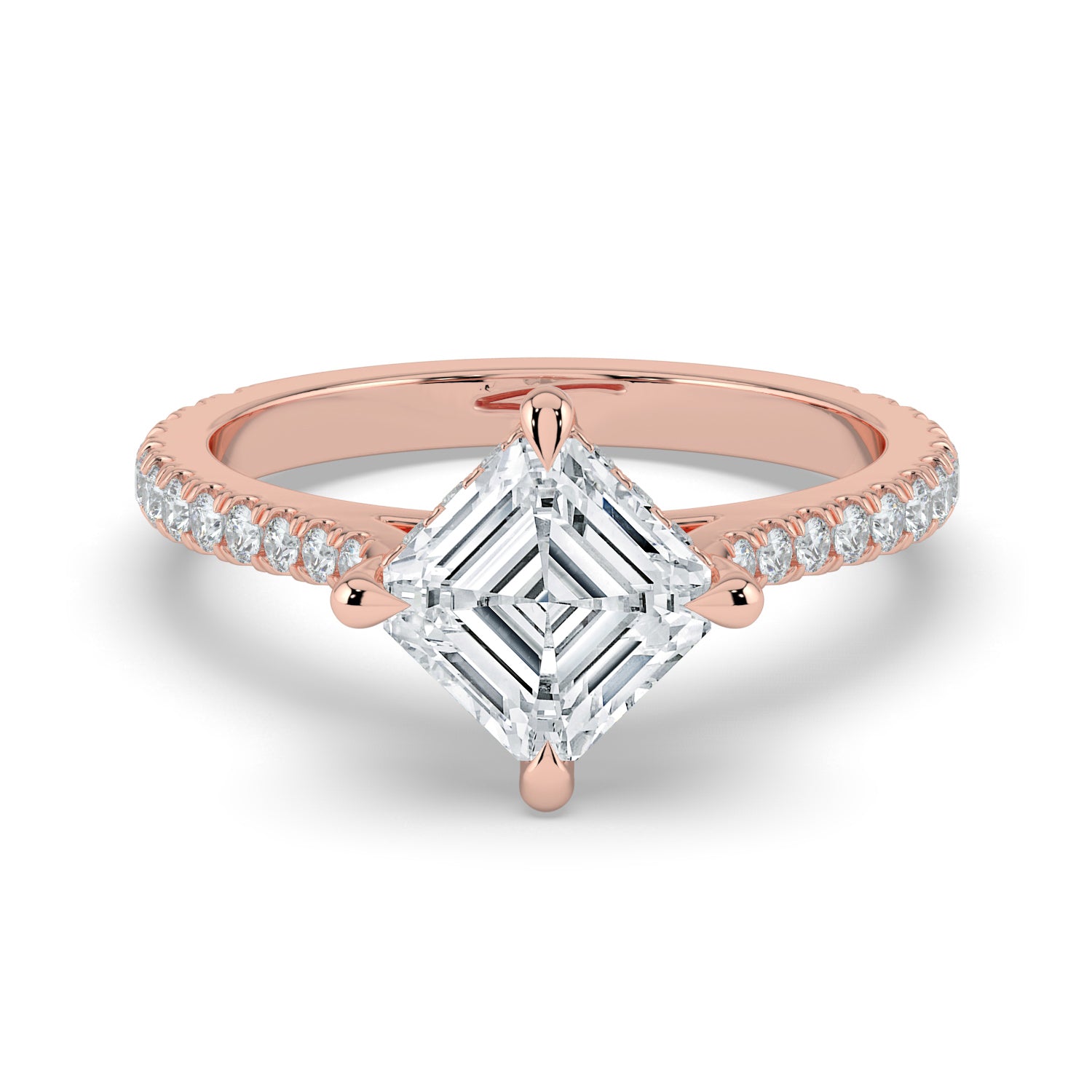 The Zariya Ring — Asscher Cathedral Solitaire with Hidden Halo & Pavé Band Lab-Grown Diamond Engagement Ring in Rose Gold | The Jewel Concierge