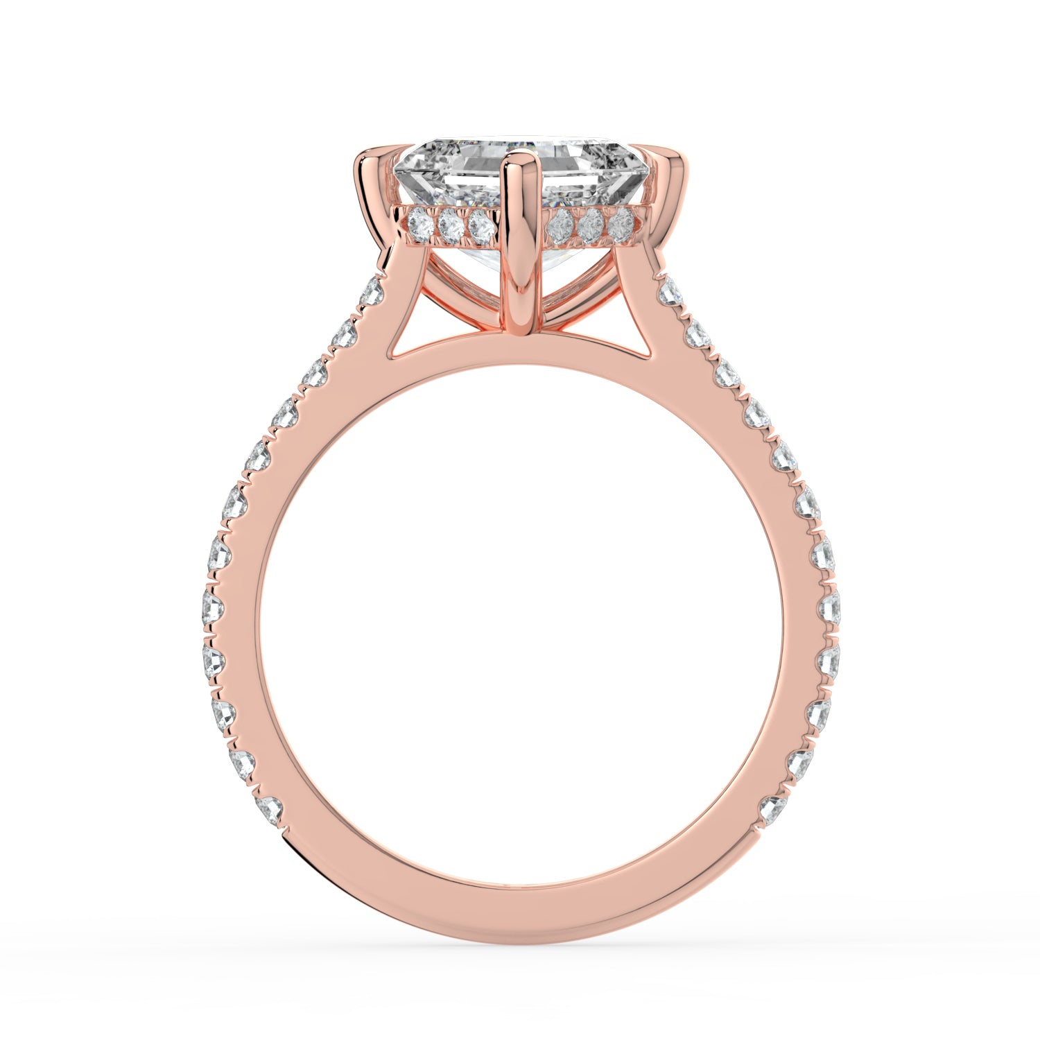 The Zariya Ring — Asscher Cathedral Solitaire with Hidden Halo & Pavé Band Lab-Grown Diamond Engagement Ring in Rose Gold | The Jewel Concierge