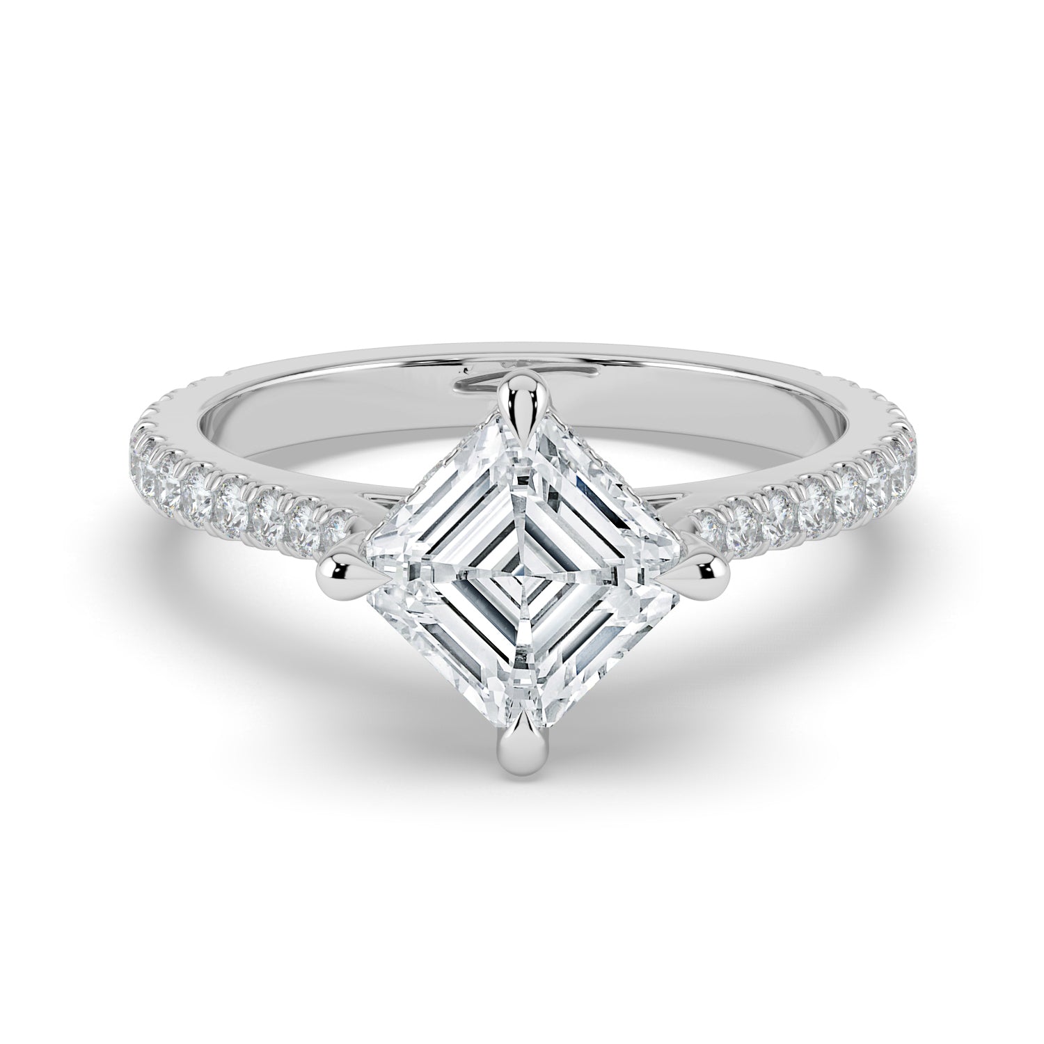 The Zariya Ring — Asscher Cathedral Solitaire with Hidden Halo & Pavé Band Lab-Grown Diamond Engagement Ring in White Gold | The Jewel Concierge