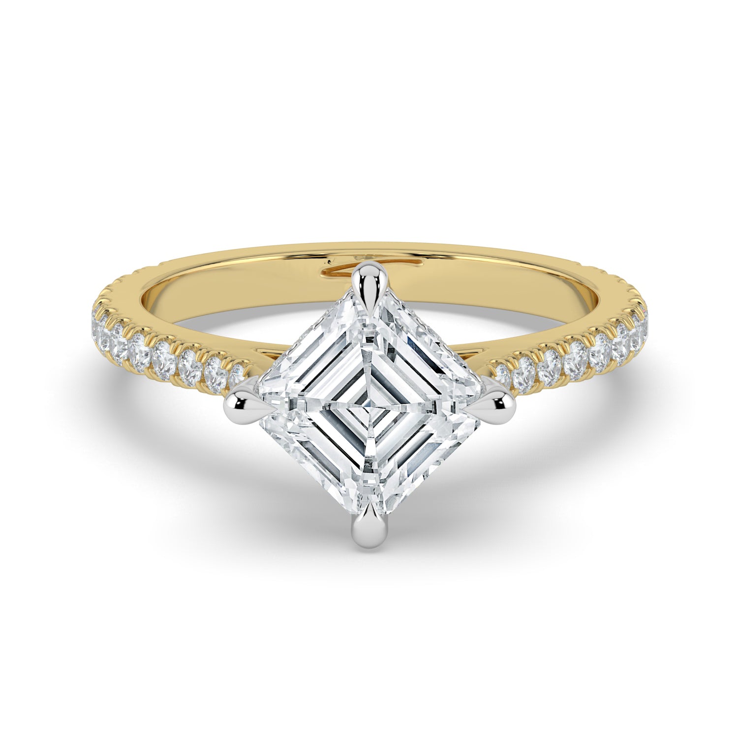 The Zariya Ring — Asscher Cathedral Solitaire with Hidden Halo & Pavé Band Lab-Grown Diamond Engagement Ring in Two-Tone Yellow and White Gold | The Jewel Concierge