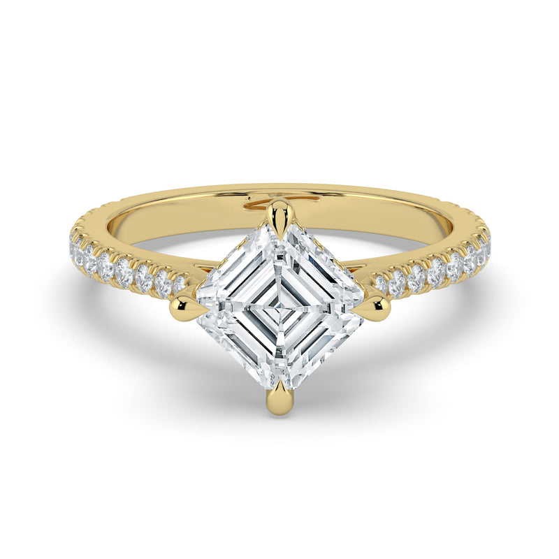 The Zariya Ring — Asscher Cathedral Solitaire with Hidden Halo & Pavé Band Lab-Grown Diamond Engagement Ring in Yellow Gold | The Jewel Concierge