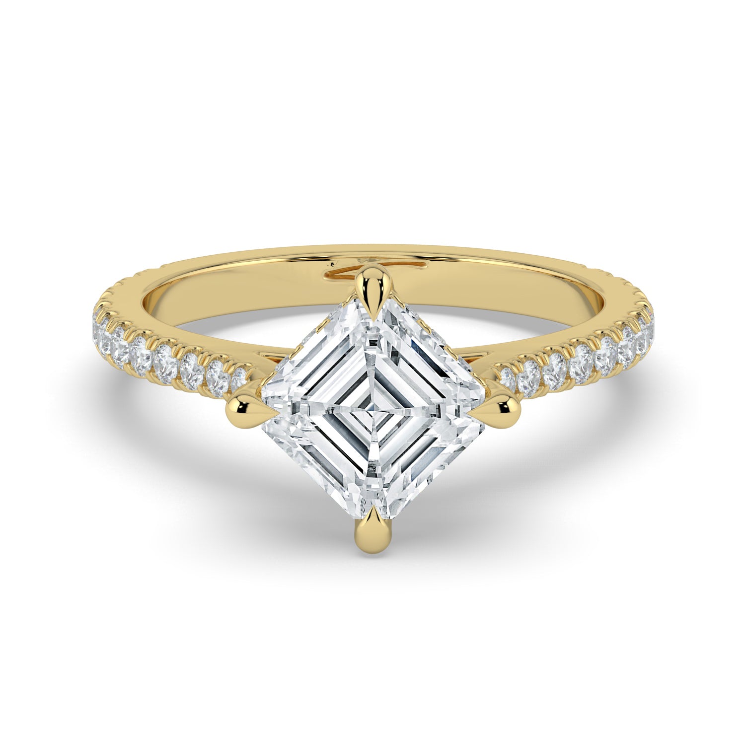 The Zariya Ring — Asscher Cathedral Solitaire with Hidden Halo & Pavé Band Lab-Grown Diamond Engagement Ring in Yellow Gold | The Jewel Concierge