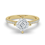 The Zariya Ring — Asscher Cathedral Solitaire with Hidden Halo & Pavé Band Lab-Grown Diamond Engagement Ring in Yellow Gold | The Jewel Concierge