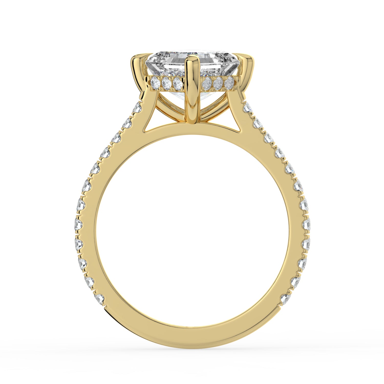 The Zariya Ring — Asscher Cathedral Solitaire with Hidden Halo & Pavé Band Lab-Grown Diamond Engagement Ring in Yellow Gold | The Jewel Concierge