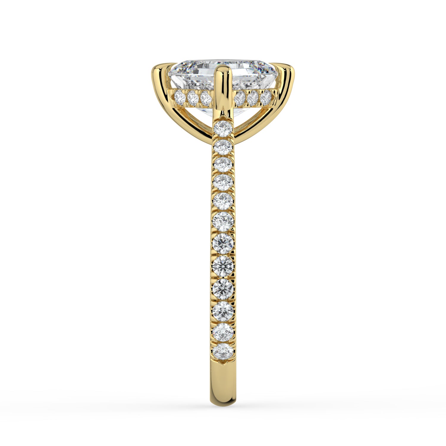The Zariya Ring — Asscher Cathedral Solitaire with Hidden Halo & Pavé Band Lab-Grown Diamond Engagement Ring in Yellow Gold | The Jewel Concierge