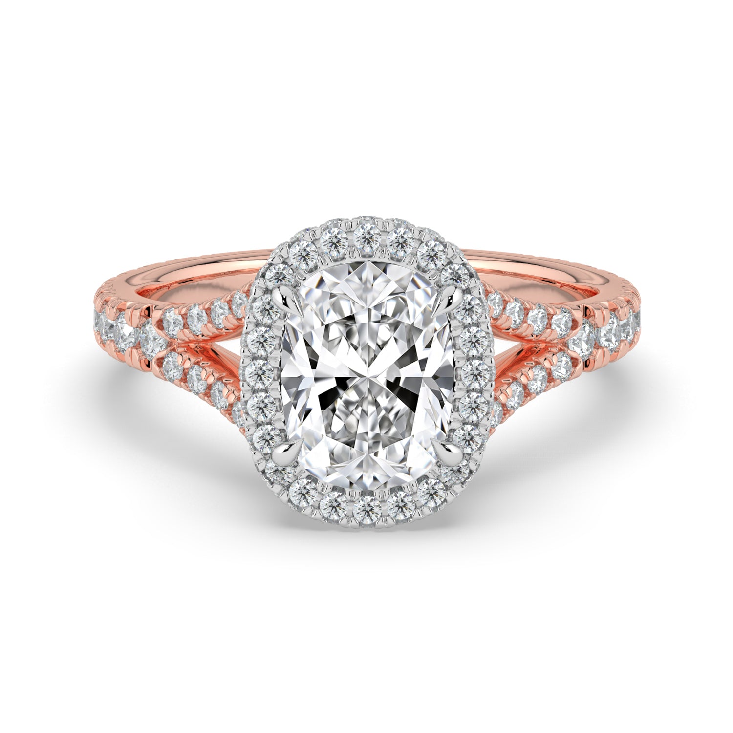 The Elara Ring - Elongated Cushion Orbital Halo with Split Pavé Band