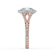 The Elara Ring – Elongated Cushion Orbital Halo with Split Pavé Band in 18K White Gold and Rose Gold – The Jewel Concierge