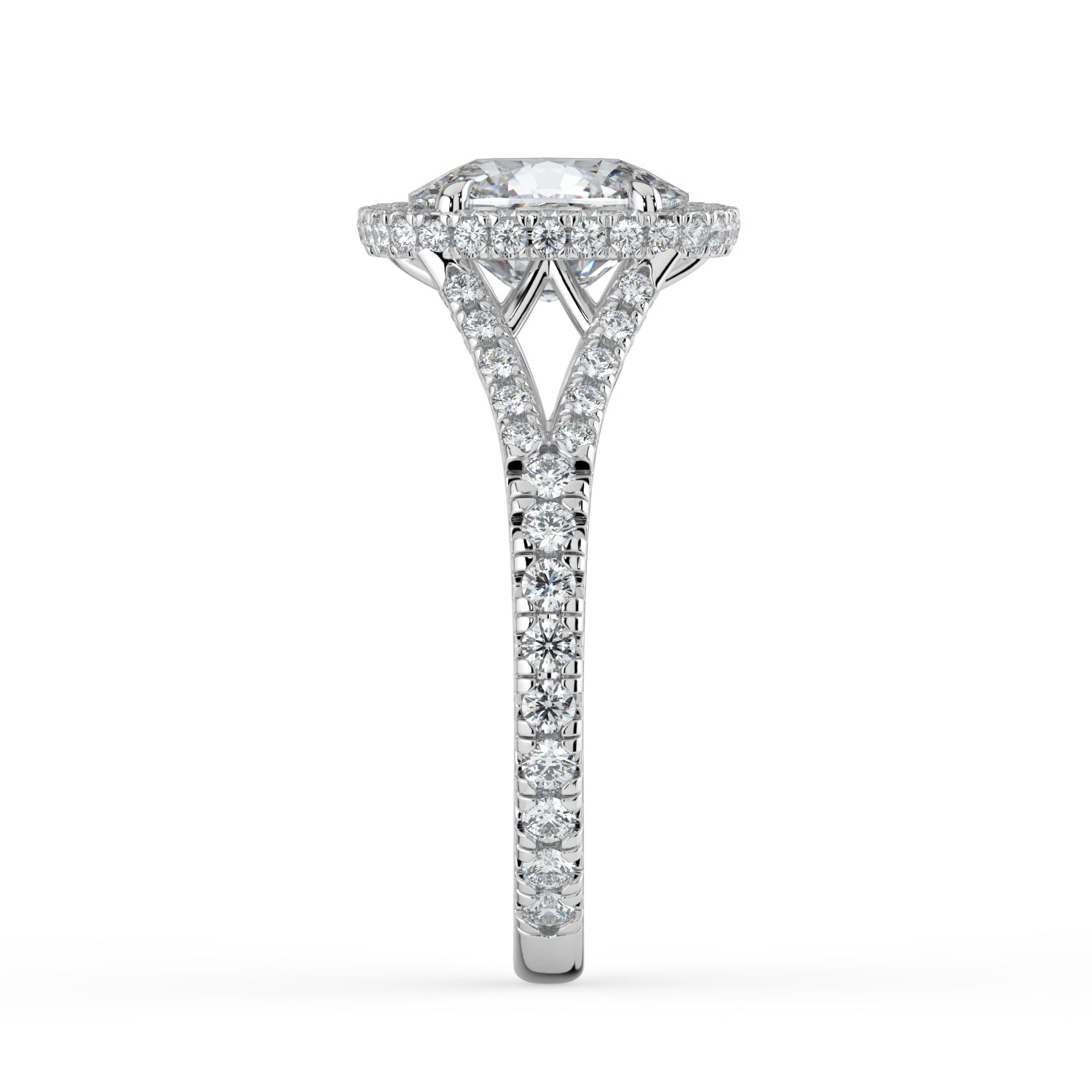 The Elara Ring - Elongated Cushion Orbital Halo with Split Pavé Band