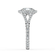 The Elara Ring – Elongated Cushion Orbital Halo with Split Pavé Band in 14K White Gold and Yellow Gold – The Jewel Concierge