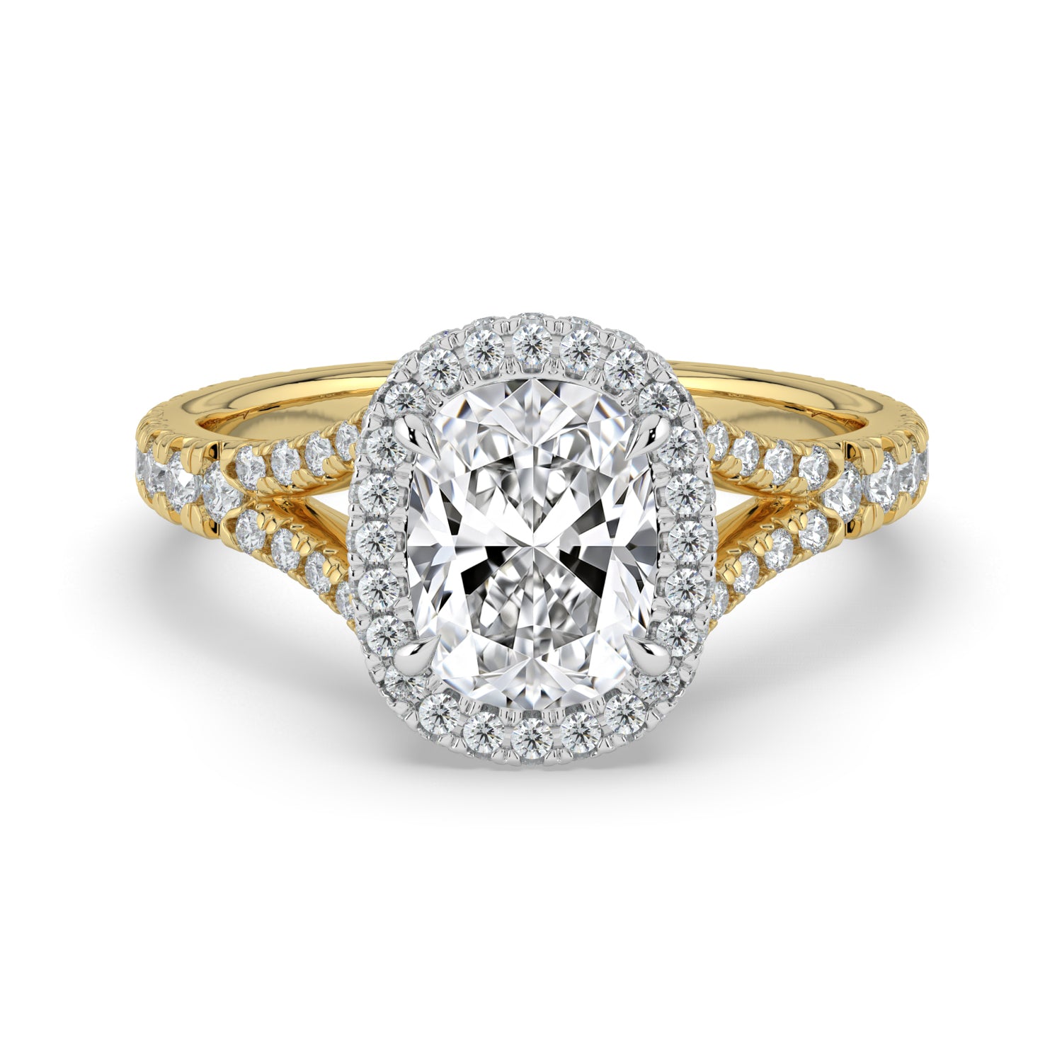 The Elara Ring - Elongated Cushion Orbital Halo with Split Pavé Band