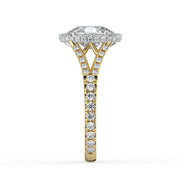 The Elara Ring – Elongated Cushion Orbital Halo with Split Pavé Band in 18K White Gold and Yellow Gold – The Jewel Concierge