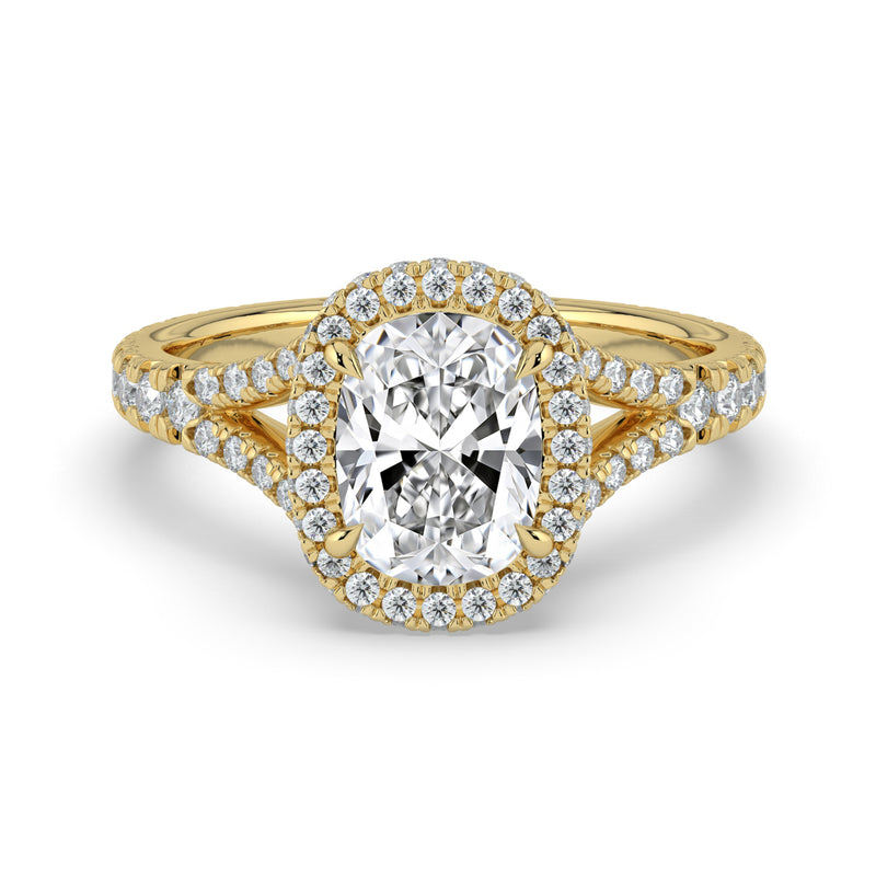 The Elara Ring – Elongated Cushion Orbital Halo with Split Pavé Band in 14K Yellow Gold – The Jewel Concierge
