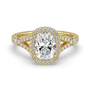 The Elara Ring – Elongated Cushion Orbital Halo with Split Pavé Band in 14K Yellow Gold – The Jewel Concierge