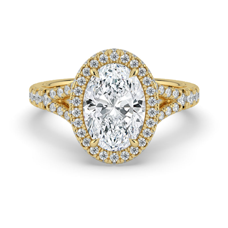 The Elara Ring – Oval Orbital Halo With Split Pavé Band in 14K Yellow Gold – The Jewel Concierge