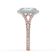 The Elara Ring – Radiant Orbital Halo with Split Pavé Band in 18K White Gold and Rose Gold – The Jewel Concierge