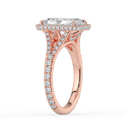 The Elara Ring – Radiant Orbital Halo with Split Pavé Band in 18K Rose Gold – The Jewel Concierge