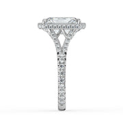 The Elara Ring – Radiant Orbital Halo with Split Pavé Band in 14K White Gold and Yellow Gold – The Jewel Concierge