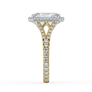 The Elara Ring – Radiant Orbital Halo with Split Pavé Band in 18K White Gold and Yellow Gold – The Jewel Concierge