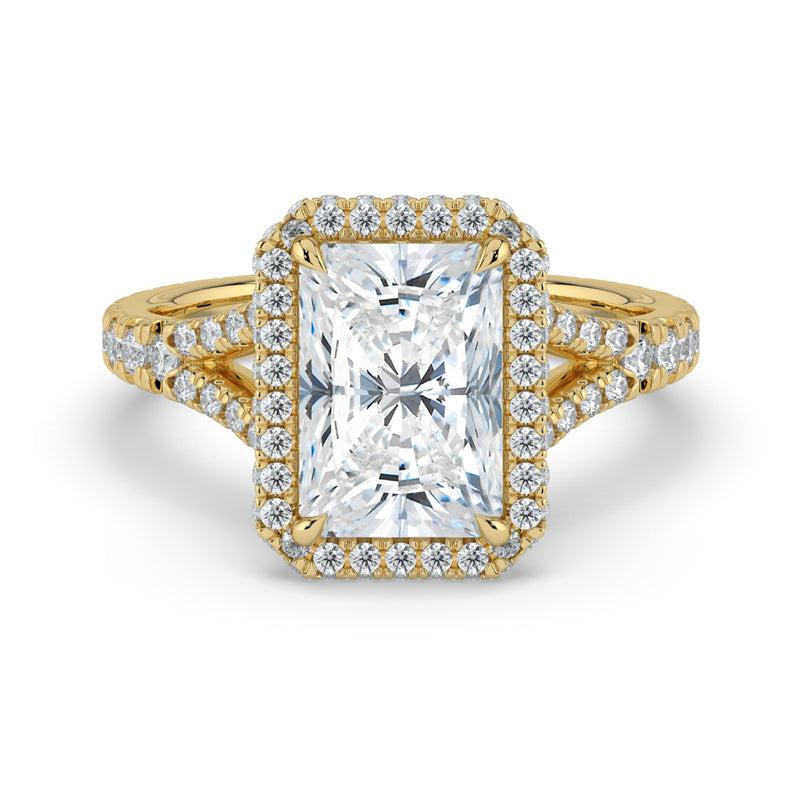 The Elara Ring – Radiant Orbital Halo with Split Pavé Band in 14K Yellow Gold – The Jewel Concierge